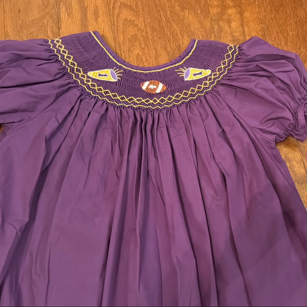Purple Gold Smocked Bishop Dress Embroidered Football LSU 4T Tailgating
